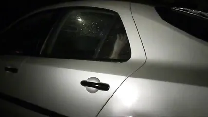 Брюнетка показывает свои прелести прямо в авто и жадно сосет член